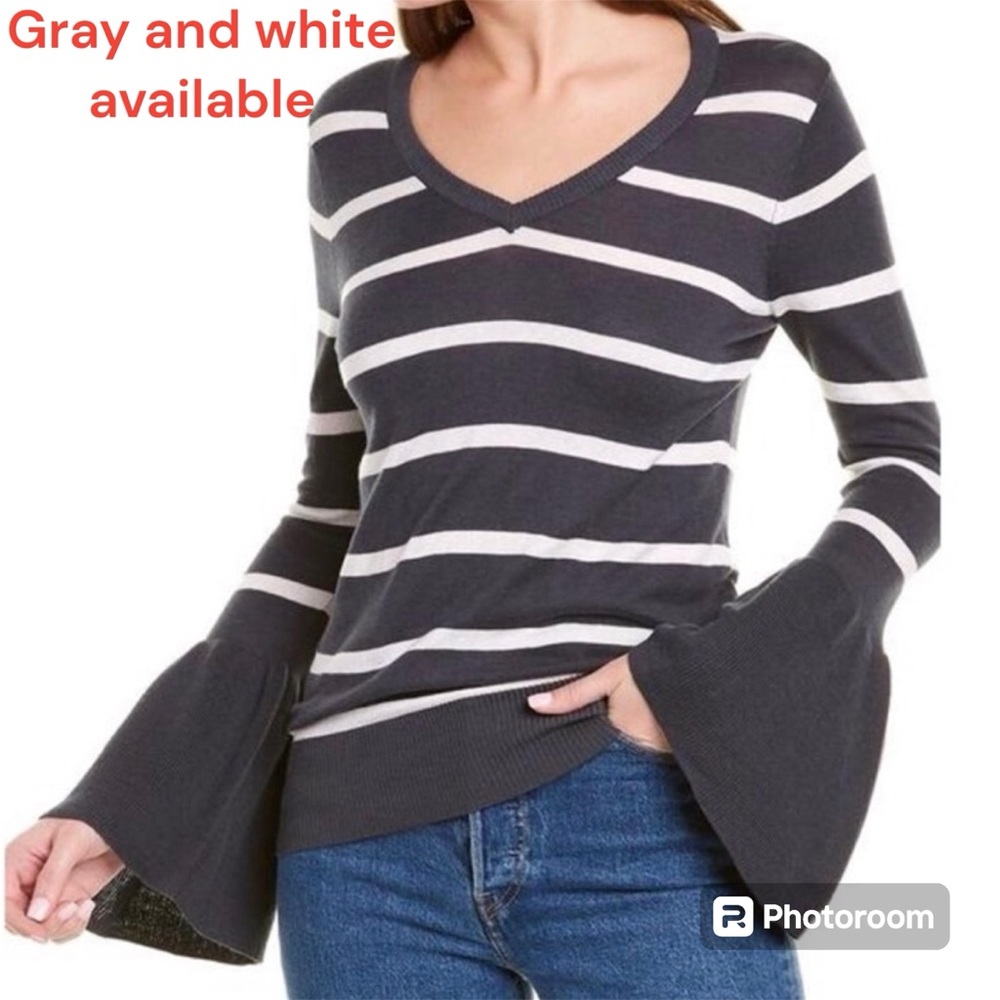 Chaser bell sleeve gray and white stripe top with open back detail size medium